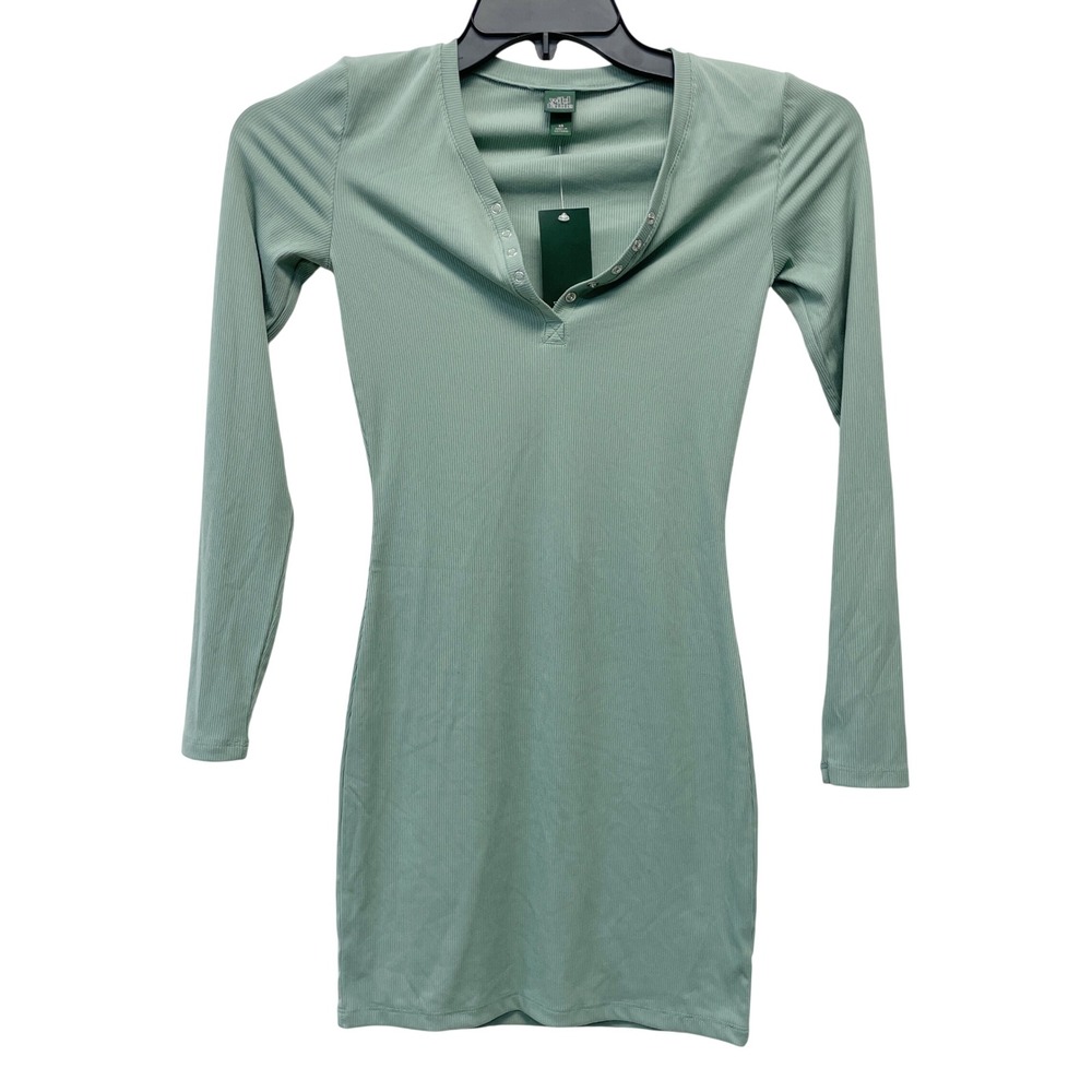 Wild‎ Fable Women's Sage Green Ribbed Henley Long Sleeve Mini Dress Size XS